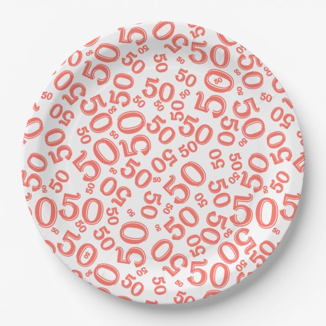 50th Coral/White  Random Number Pattern Paper Plate (Front)