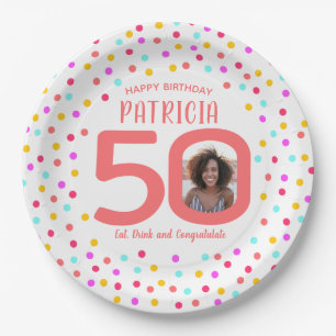 50th custom photo colourful coral confetti birthda paper plate