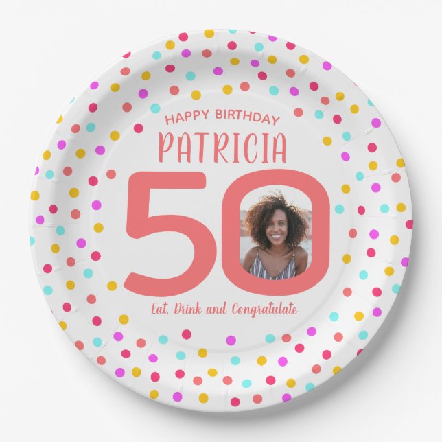 50th custom photo colourful coral confetti birthda paper plate (Front)