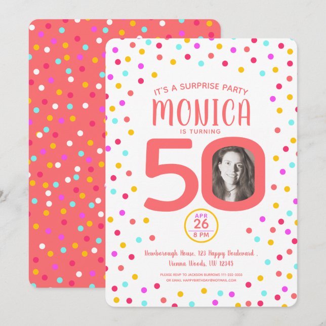 50th custom photo living coral confetti birthday invitation (Front/Back)
