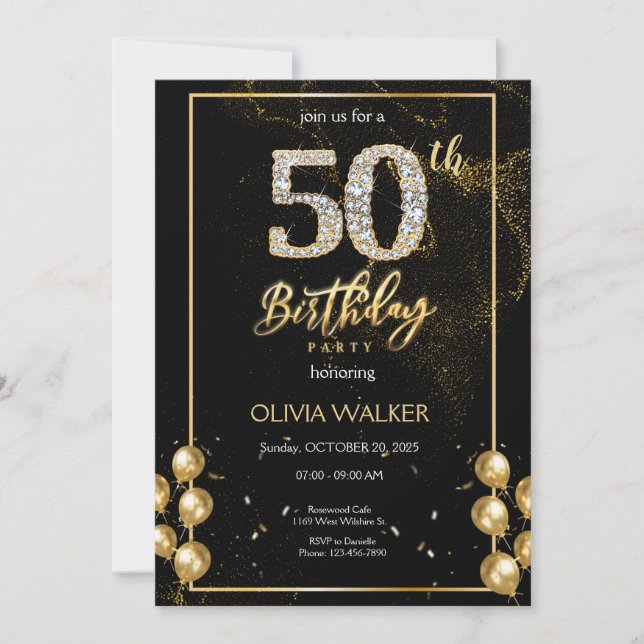 50th Diamond Black and Gold Birthday  Invitation (Front)