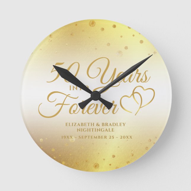 50th Elegant Anniversary Gold YEARS INTO FOREVER  Round Clock (Front)