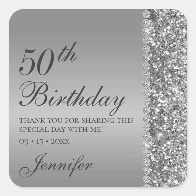 50th Elegant Silver Birthday Square Sticker (Front)