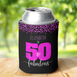 50th fabulous birthday hot pink foil dots on black can cooler