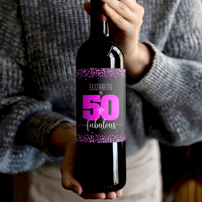 50th fabulous birthday hot pink foil dots on black wine label (Creator Uploaded)