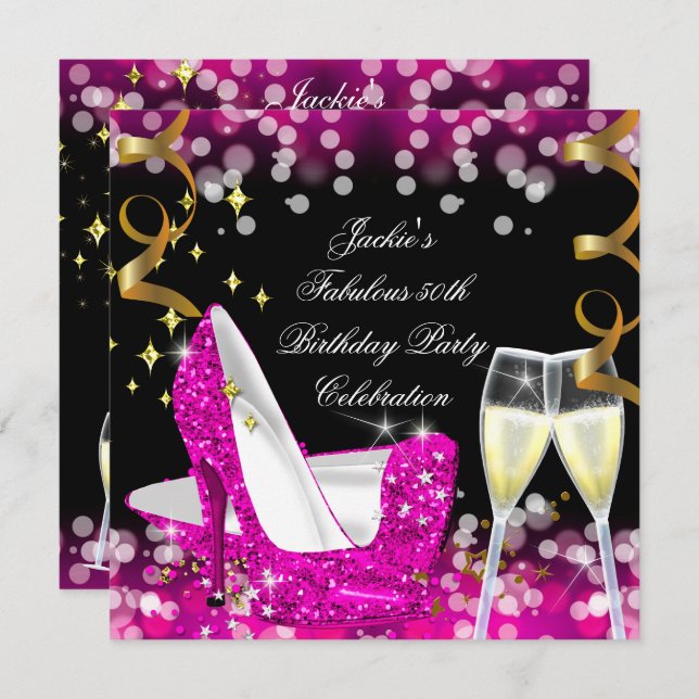 50th Fabulous Hot Pink Glitter High Heel Birthday Invitation (Front/Back)