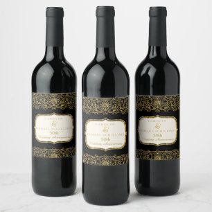 50th Fiftieth Golden Anniversary Black and Gold Wine Label