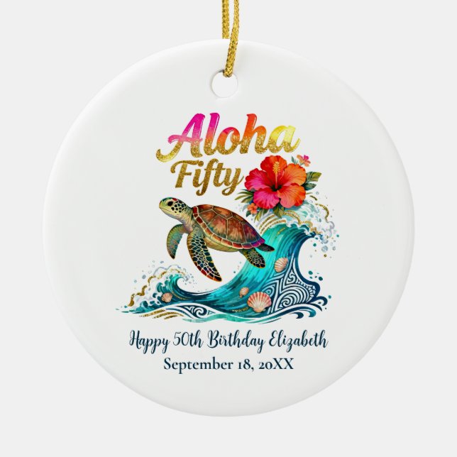 50th Fifty Birthday Tropical Ocean Beach Theme Ceramic Tree Decoration (Front)
