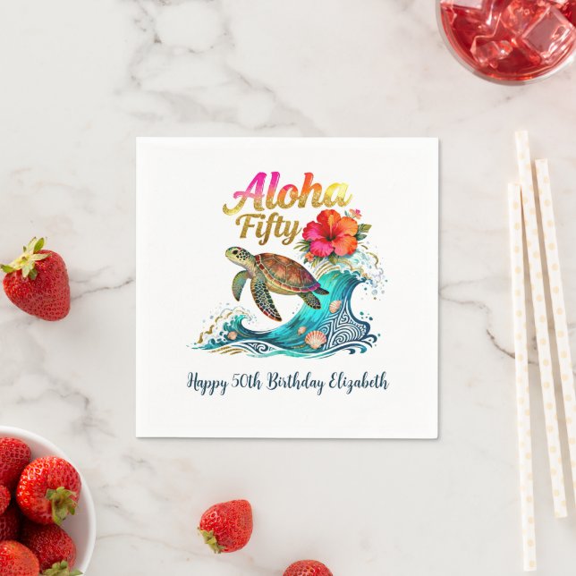 50th Fifty Birthday Tropical Ocean Beach Theme Napkin (Insitu)