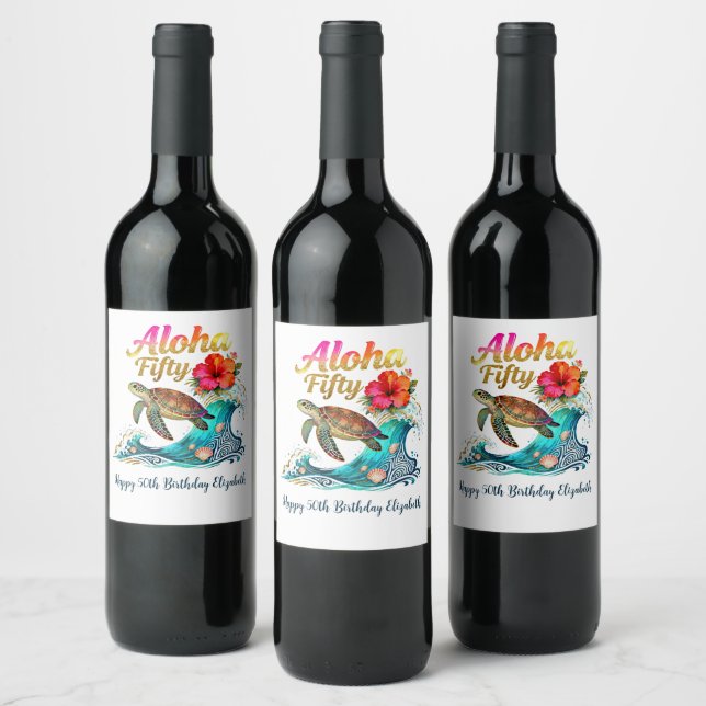 50th Fifty Birthday Tropical Ocean Beach Theme Wine Label (Bottles)