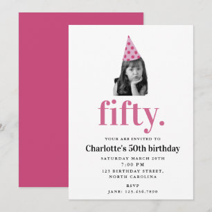 50th Fifty Modern Photo Birthday Funny Face Pink Invitation