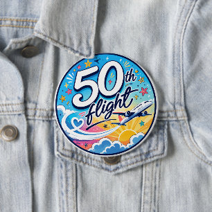 50th flight aeroplane colourful souvenir 10 cm round badge