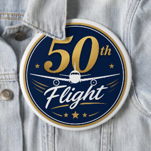 50th flight gold aeroplane travel souvenir 6 cm round badge