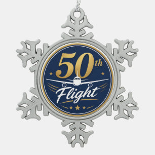 50th flight gold airplane travel souvenir snowflake pewter christmas ornament