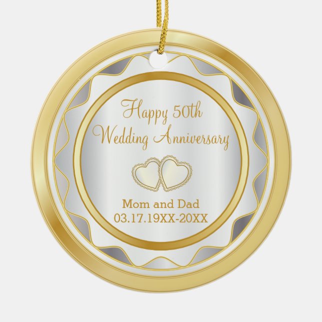 50th Gold and White Wedding Anniversary Ceramic Tree Decoration (Front)