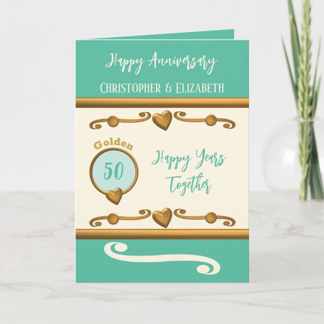50th Gold Anniversary add names ocean green Card (Front)