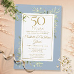 50th Gold Anniversary Dusty Blue Greenery Leaves Invitation<br><div class="desc">Featuring botanical watercolour greenery eucalyptus leaves on a chic dusty blue background. This elegant Anniversary invitation can be personalised with your special 50 years anniversary celebration details in modern gold typography. Designed by Thisisnotme©</div>