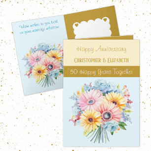 50th Gold Anniversary flowers blue Card
