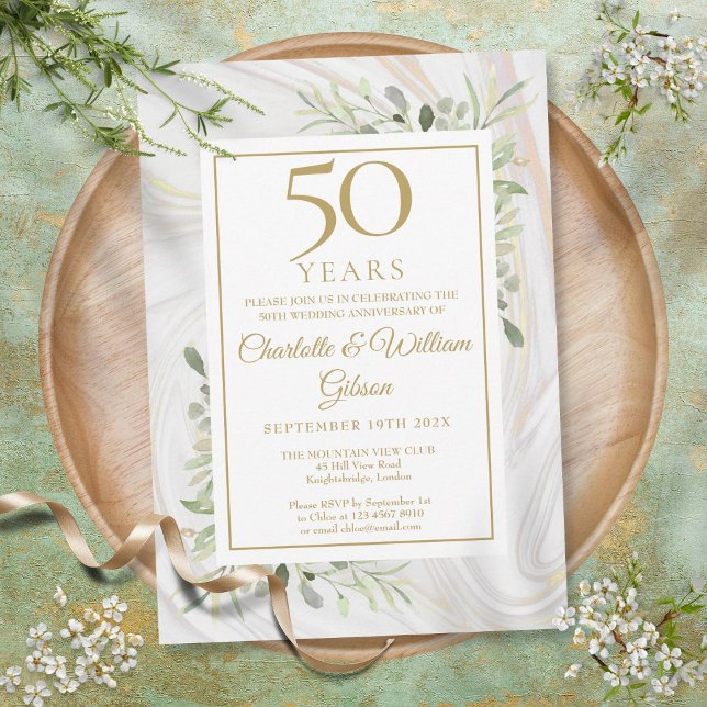 50th Gold Anniversary Rose Gold Marble Greenery Invitation (50th Gold Anniversary Rose Gold Marble Greenery Invitation)