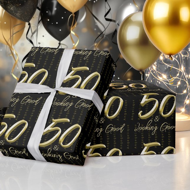 50th Gold Birthday Custom Name Wrapping Paper (Creator Uploaded)