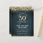 50th Gold Birthday Save the Date Budget Invitation<br><div class="desc">Elegant Faux gold glitter with shimmering confetti highlights on the top and bottom border. All text is adjustable and easy to change for your own party needs. Great elegant 50th birthday template design. Faux wood blue textured background makes a perfect gender neutral party invitation.</div>