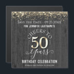 50th Gold Birthday Save the Date  Magnet<br><div class="desc">Elegant Faux gold glitter with shimmering confetti highlights on the top and bottom border. All text is adjustable and easy to change for your own party needs. Great elegant 50th birthday template design. Faux wood textured background makes a perfect gender neutral party invitation.</div>