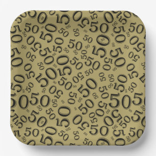 50th Gold/Black  Random Number Pattern Paper Plate