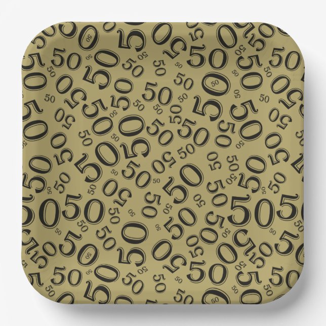 50th Gold/Black  Random Number Pattern Paper Plate (Front)