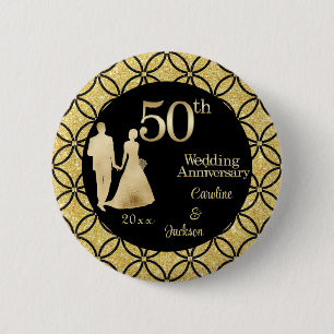 50th Gold Couple Wedding Anniversary Glitter 6 Cm Round Badge