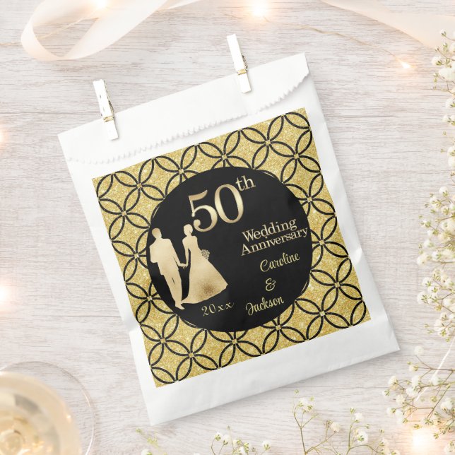 50th Gold Couple Wedding Anniversary Glitter Favour Bags (Clipped)