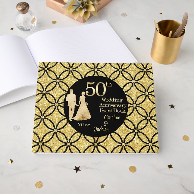 50th Gold Couple Wedding Anniversary Glitter Guest Book (Front Open)
