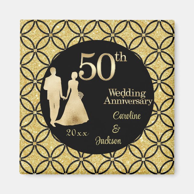 50th Gold Couple Wedding Anniversary Glitter Magnet (Front)