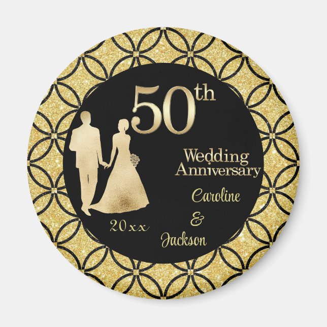 50th Gold Couple Wedding Anniversary Glitter Magnet (Front)