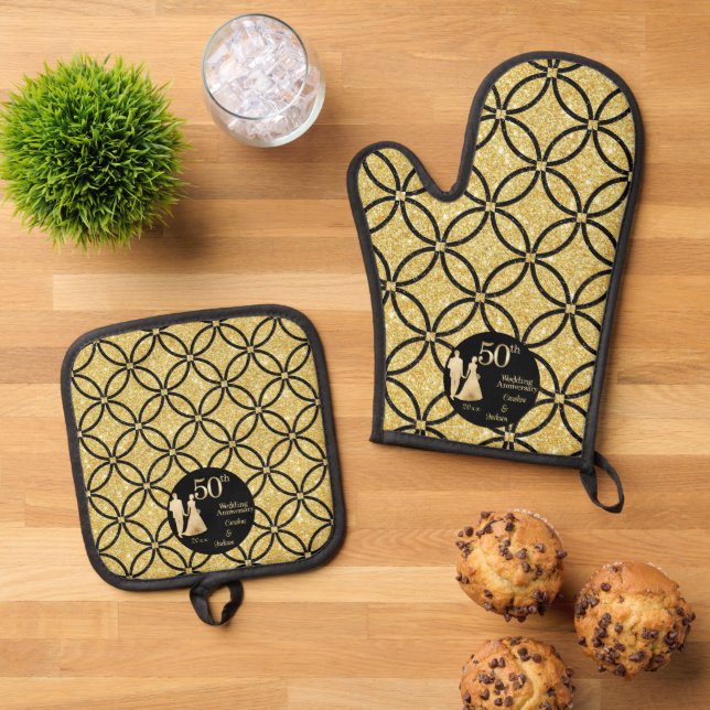 50th Gold Couple Wedding Anniversary Glitter Oven Mitt & Pot Holder Set (Top Down)