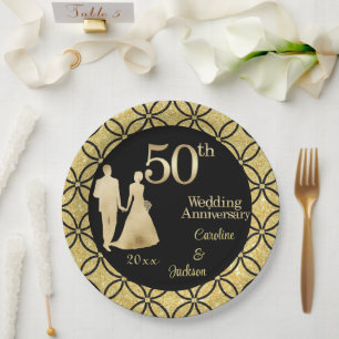 50th Gold Couple Wedding Anniversary Glitter Paper Plate