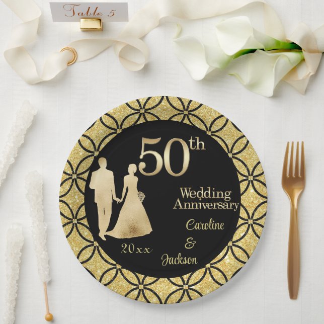 50th Gold Couple Wedding Anniversary Glitter Paper Plate (Wedding)