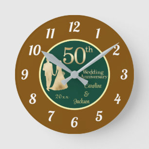 50th Gold Couple Wedding Anniversary Glitter Round Clock