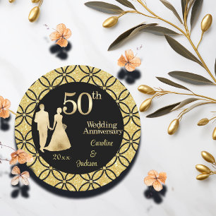 50th Gold Couple Wedding Anniversary Glitter Round Paper Coaster