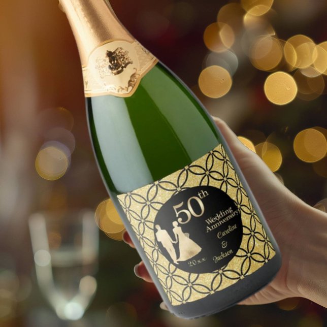 50th Gold Couple Wedding Anniversary Glitter Sparkling Wine Label (Creator Uploaded)