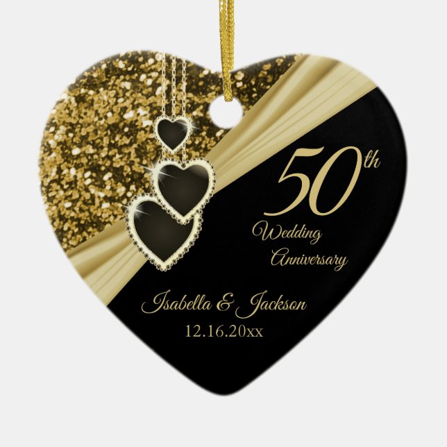 50th Gold Glitter Anniversary Ceramic Tree Decoration (Front)