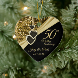 50th Gold Glitter Anniversary - Custom Ceramic Tree Decoration