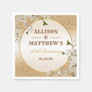 50th Gold Glitter Frame Floral Wedding Anniversary Napkin