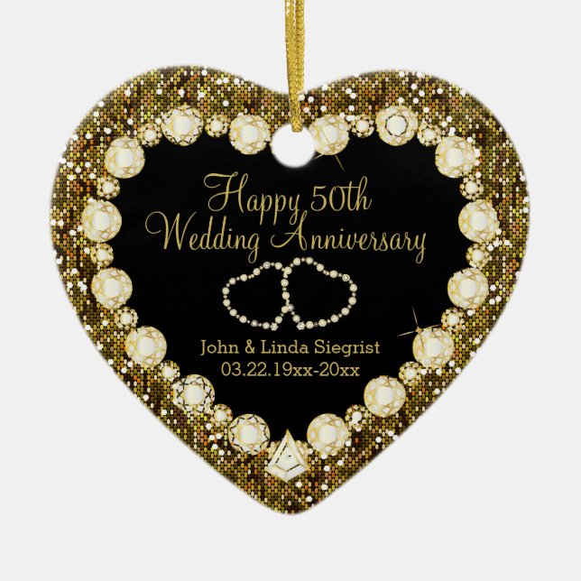 50th Gold Glitter Wedding Anniversary Ceramic Tree Decoration (Front)