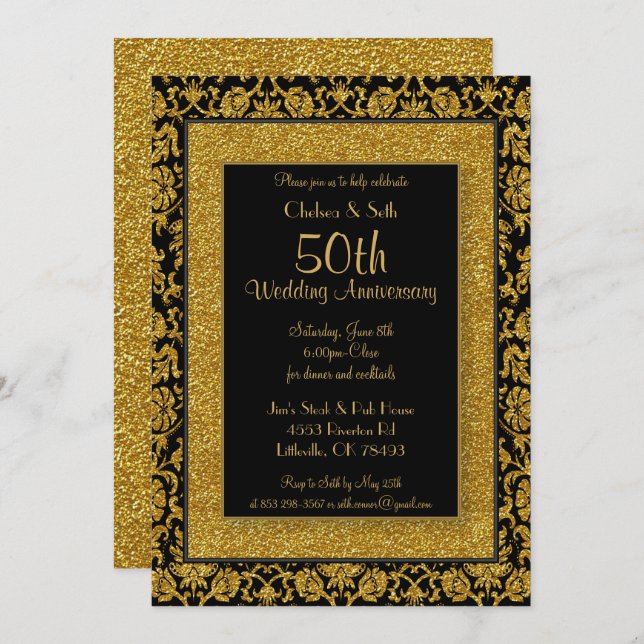 50th Gold Glitter Wedding Anniversary Invitation (Front/Back)