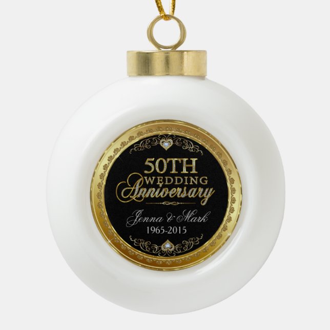 50th Gold Wedding Anniversary Ceramic Ball Christmas Ornament (Front)