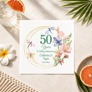 50th Gold Wedding Anniversary Gold Frame Floral Napkin