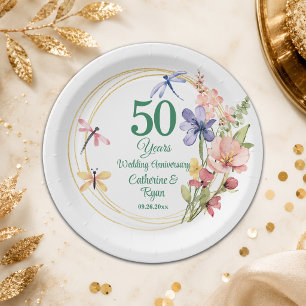 50th Gold Wedding Anniversary Gold Frame Floral Paper Plate