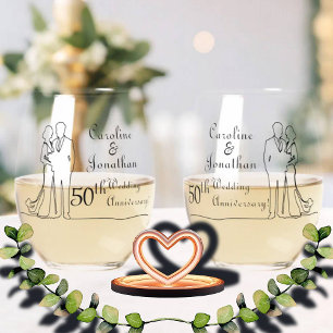 50th Gold Wedding Anniversary Line Art Couple Stemless Wine Glass