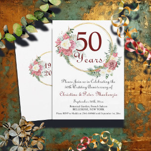 50th Gold Wedding Anniversary Roses Gold Frame Invitation