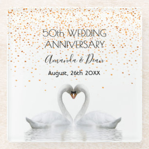 50th gold wedding anniversary white swans in love glass coaster